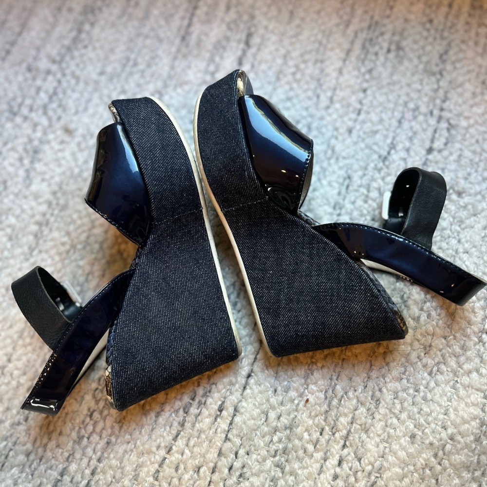 AGL Women’s Snakeskin Leather Patent Navy Denim Ankle Strap Wedges Shoes - Picture 7 of 15